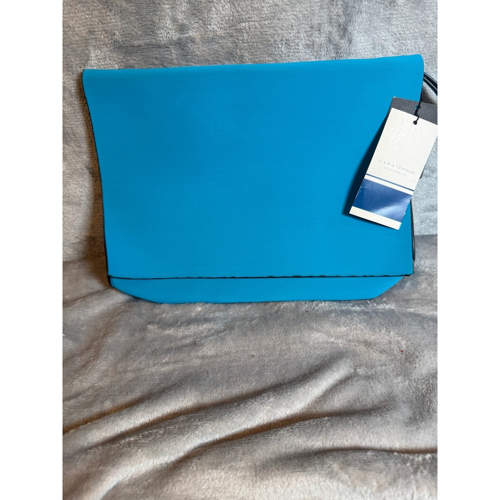 Zara Clutch Bag Womens M Blue NWT Neoprene Two Tone Oversized Zipper Flap